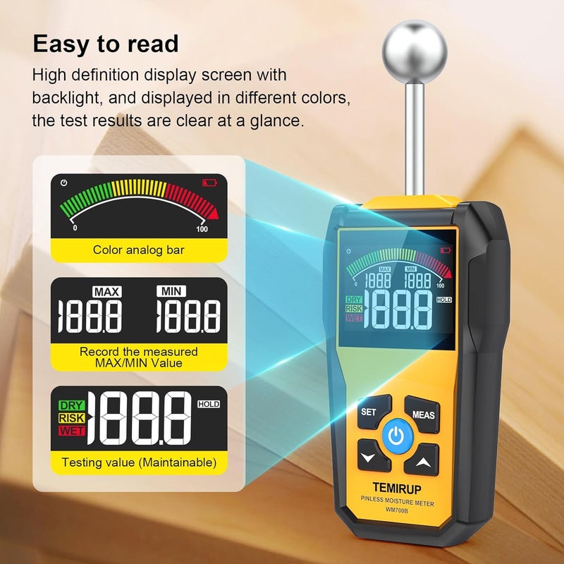 Temirup Store Moisture Meter, Pinless Moisture Meter –Wood Moisture Detector for Walls, Drywall, Firewood & Concrete, Digital Moisture Tester with 3-Color LCD Display Reader, Audible Alarm & Hold Function - Image 3